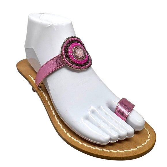 CAPRI SANDALS Violet Metallic Leather Beaded Accent Toe Ring Slides - Picture 3 of 11